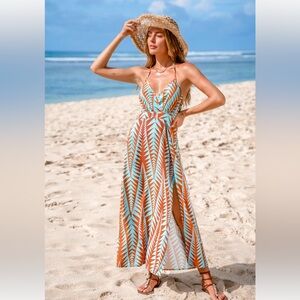 Elegant Chevron Maxi Dress in Blue and Brown